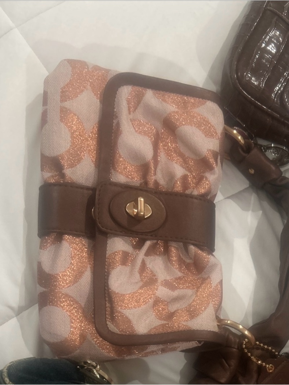 COACH PARKER OP ART Brown and Rose Gold Sparkly Clutch